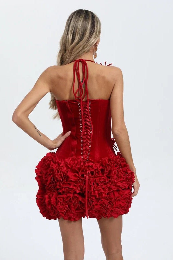 Crimson Bloom Floral Corset Mini Dress – Luxury Red One-Piece Party Dress