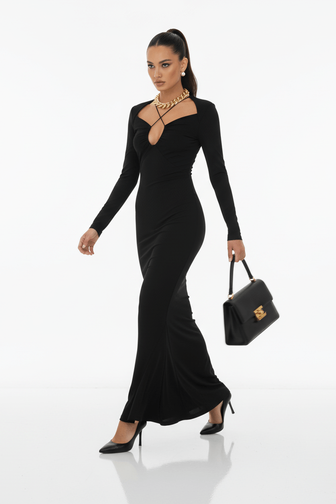 Crossover Plunge Long Sleeve Mermaid Midi Dress by Shine | Club Dresses from Luxe Lane | SKU: -1 | Barcode:  | Options: Black XS(4) | Crossover Plunge Long Sleeve Mermaid Midi Dress