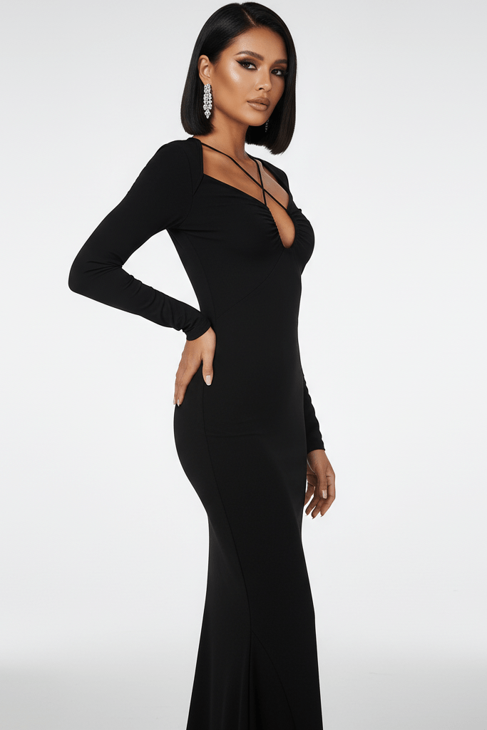 Crossover Plunge Long Sleeve Mermaid Midi Dress by Shine | Club Dresses from Luxe Lane | SKU: -1 | Barcode:  | Options: Black XS(4) | Crossover Plunge Long Sleeve Mermaid Midi Dress