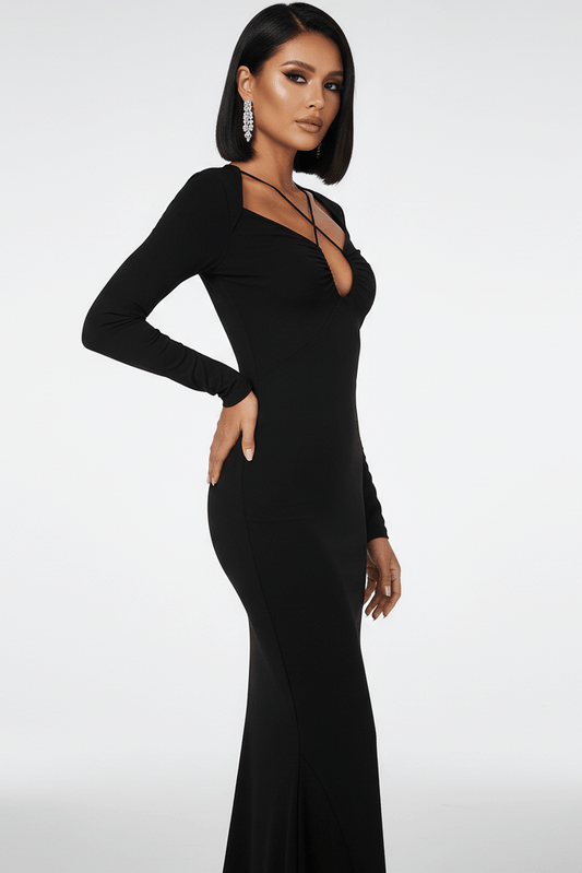 Crossover Plunge Long Sleeve Mermaid Midi Dress by Shine | Club Dresses from Luxe Lane | SKU: -1 | Barcode:  | Options: Black XS(4) | Crossover Plunge Long Sleeve Mermaid Midi Dress
