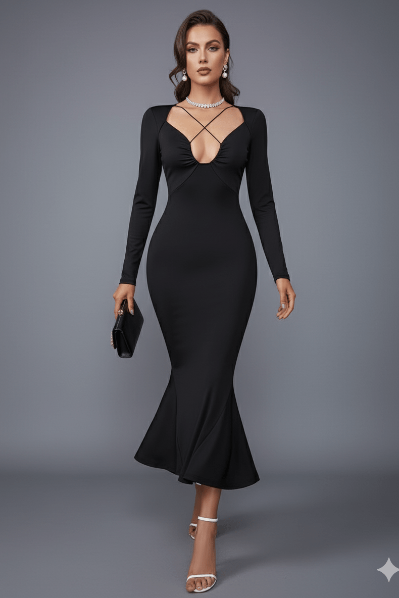 Crossover Plunge Long Sleeve Mermaid Midi Dress by Shine | Club Dresses from Luxe Lane | SKU: -1 | Barcode:  | Options: Black XS(4) | Crossover Plunge Long Sleeve Mermaid Midi Dress