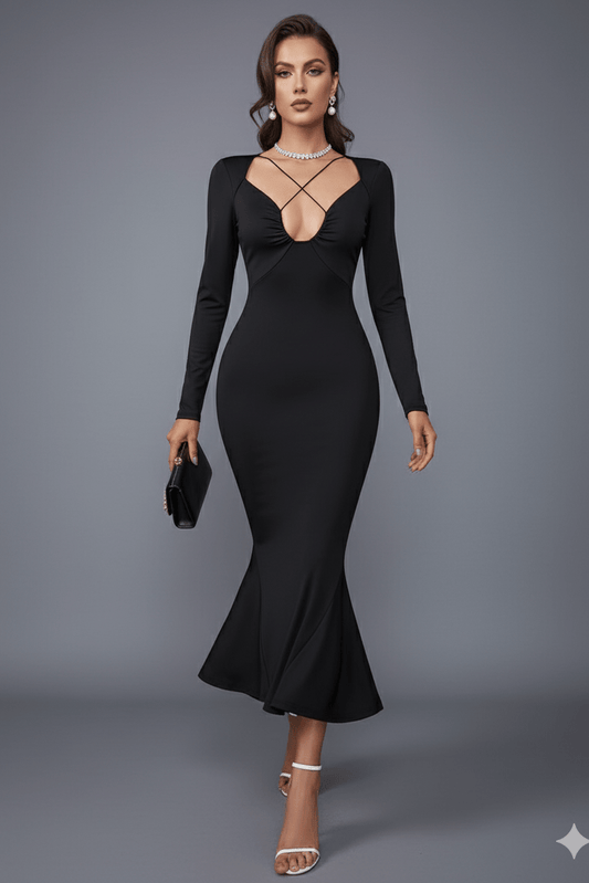 Crossover Plunge Long Sleeve Mermaid Midi Dress by Shine | Club Dresses from Luxe Lane | SKU: -1 | Barcode:  | Options: Black XS(4) | Crossover Plunge Long Sleeve Mermaid Midi Dress