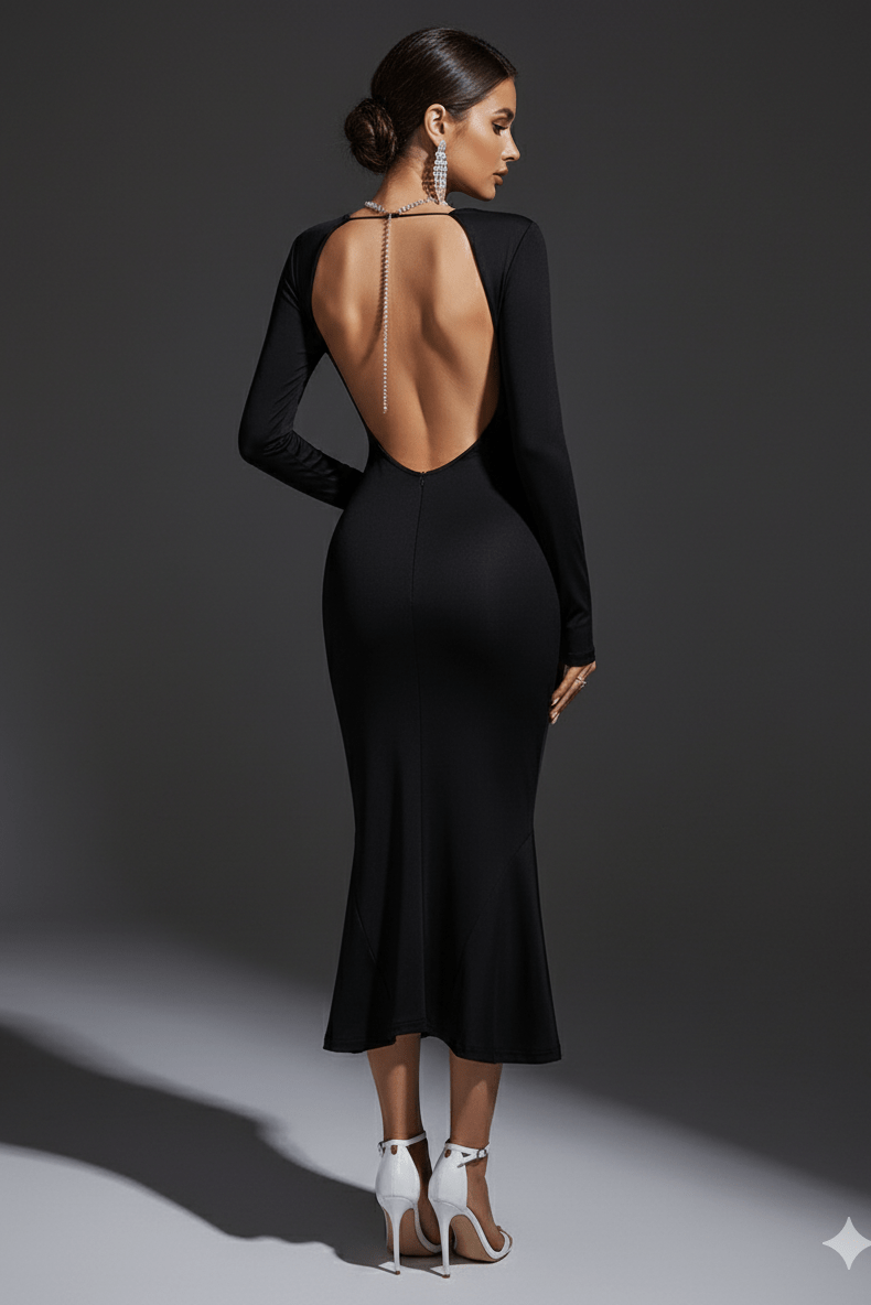 Crossover Plunge Long Sleeve Mermaid Midi Dress by Shine | Club Dresses from Luxe Lane | SKU: -1 | Barcode:  | Options: Black XS(4) | Crossover Plunge Long Sleeve Mermaid Midi Dress
