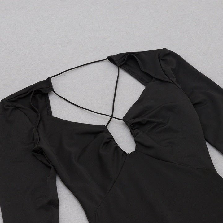 Crossover Plunge Long Sleeve Mermaid Midi Dress by Shine | Club Dresses from Luxe Lane | SKU: -1 | Barcode:  | Options: Black XS(4) | Fast Fashion Bandage Dress Manufacturer Low Moq Black Crossover Plunge Long Sleeve Mermaid Midi Dress