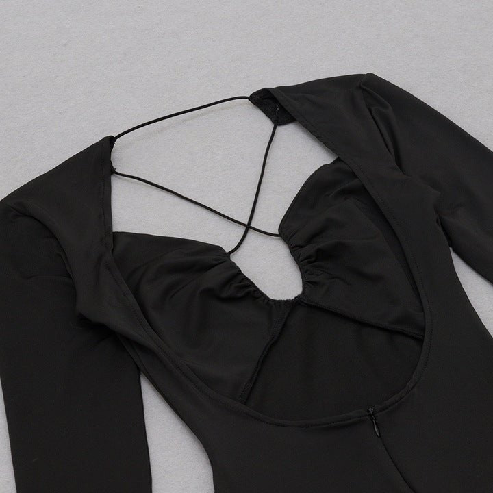 Crossover Plunge Long Sleeve Mermaid Midi Dress by Shine | Club Dresses from Luxe Lane | SKU: -1 | Barcode:  | Options: Black XS(4) | Fast Fashion Bandage Dress Manufacturer Low Moq Black Crossover Plunge Long Sleeve Mermaid Midi Dress