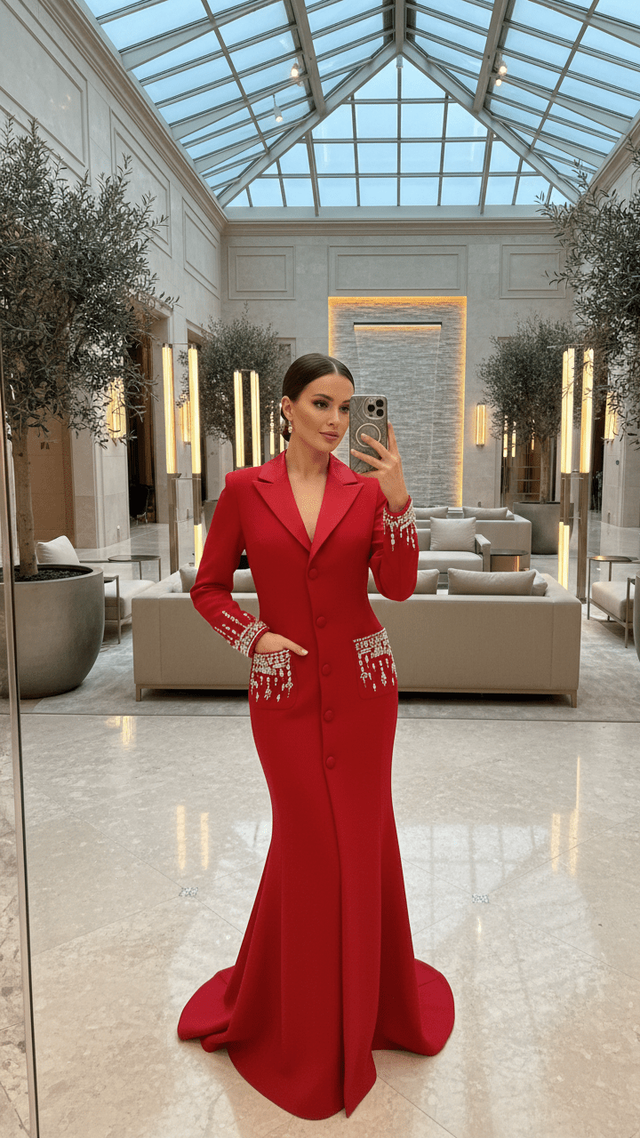 Crystal - Beaded Blazer Maxi Evening DressRedS(6)Luxe Lane