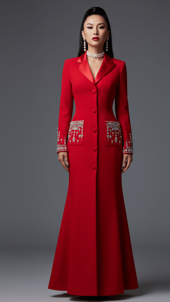 Crystal - Beaded Blazer Maxi Evening DressRedS(6)Luxe Lane