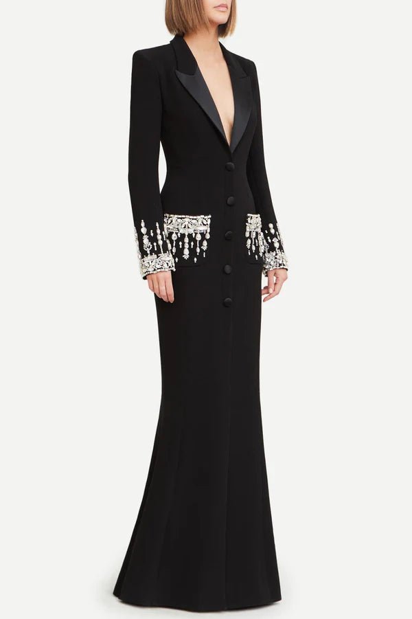 Crystal - Beaded Blazer Maxi Evening DressBlackS(6)Luxe Lane