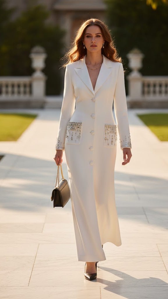 Crystal - Beaded Blazer Maxi Evening DressWhiteS(6)Luxe Lane