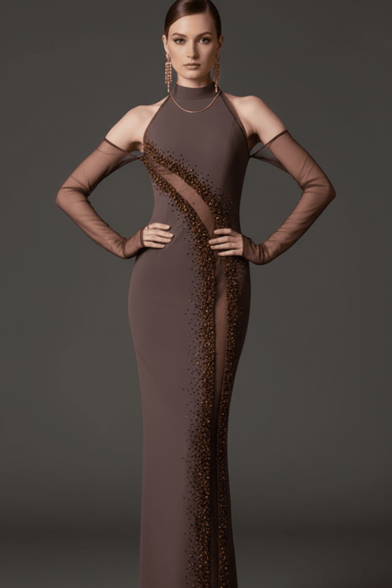 Crystal Beaded Halter Neck Bodycon Maxi Evening DressParty dressesbrownS(6)brownLuxe Lane