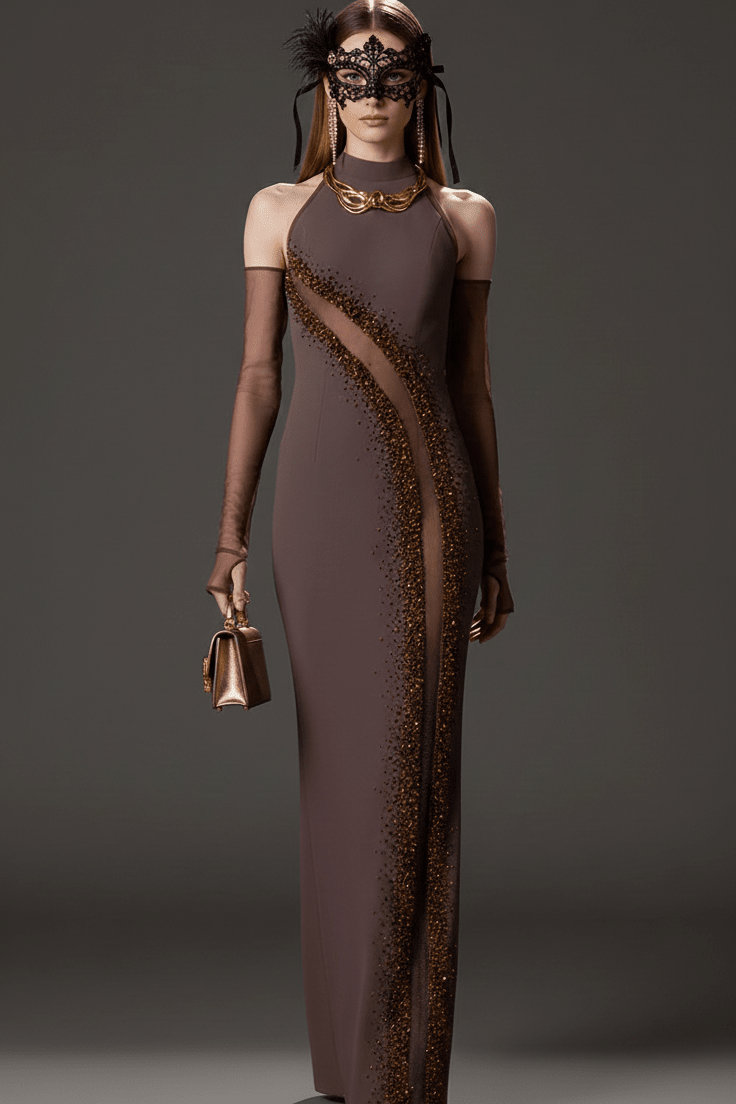 Crystal Beaded Halter Neck Bodycon Maxi Evening DressParty dressesbrownS(6)brownLuxe Lane