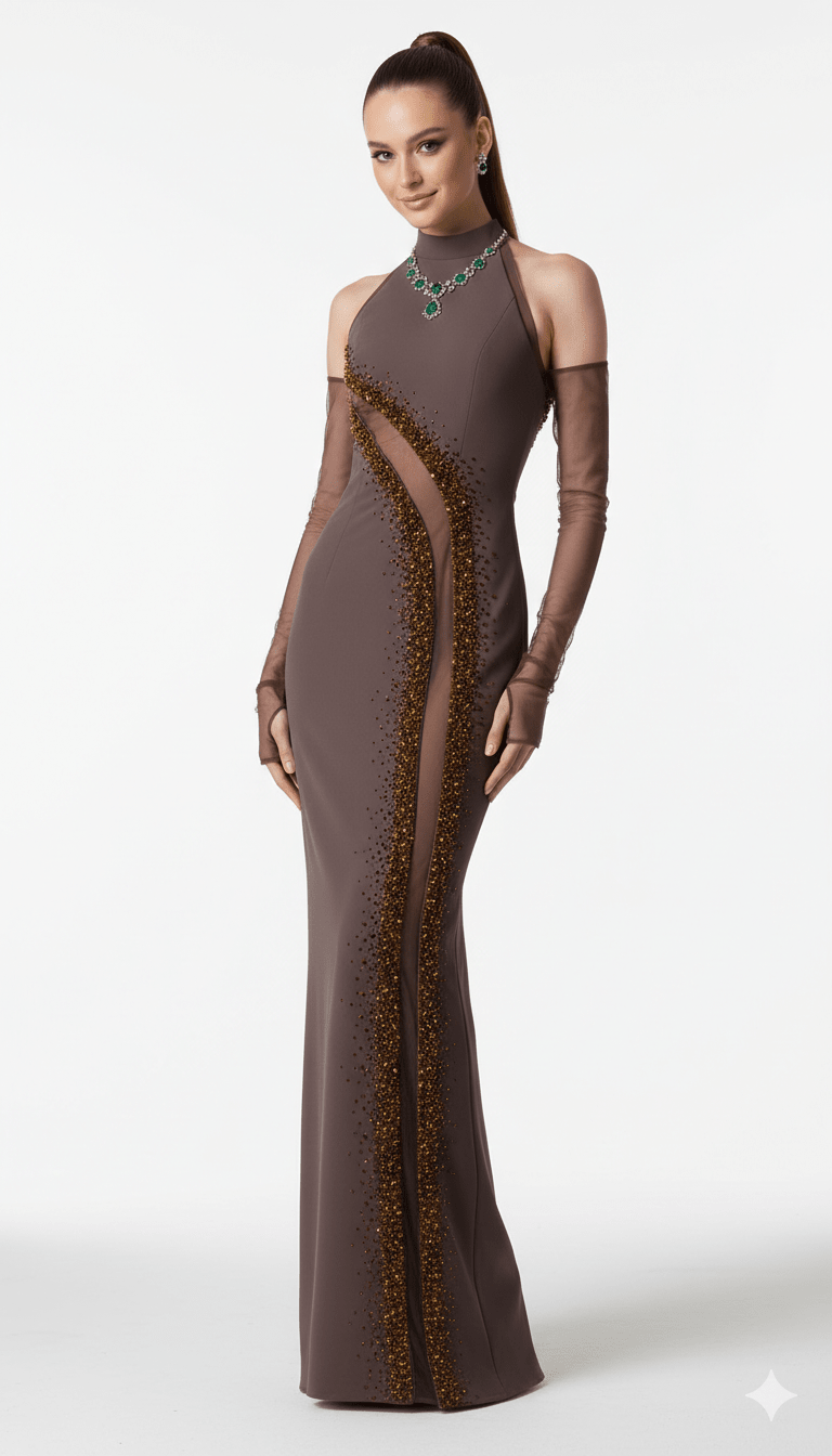 Crystal Beaded Halter Neck Bodycon Maxi Evening DressParty dressesbrownS(6)brownLuxe Lane