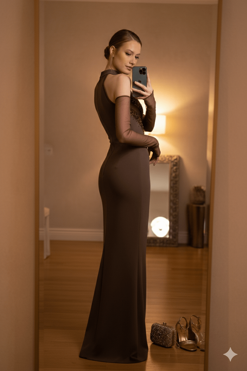 Crystal Beaded Halter Neck Bodycon Maxi Evening DressParty dressesbrownS(6)brownLuxe Lane