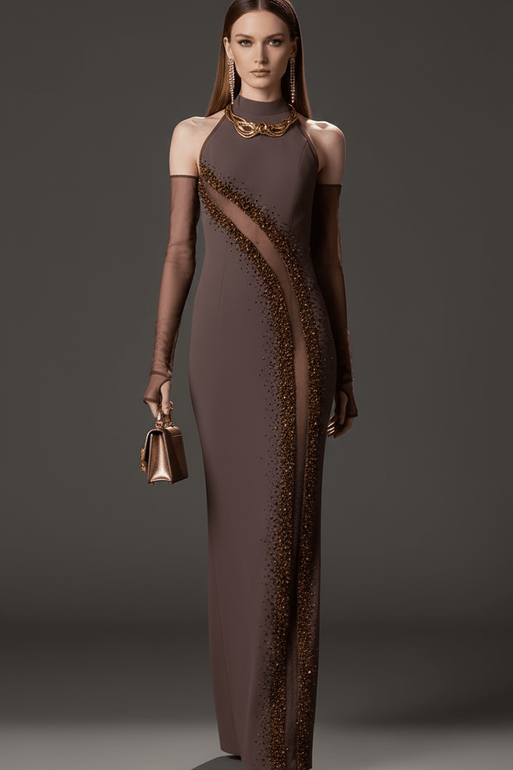 Crystal Beaded Halter Neck Bodycon Maxi Evening DressParty dressesbrownS(6)brownLuxe Lane