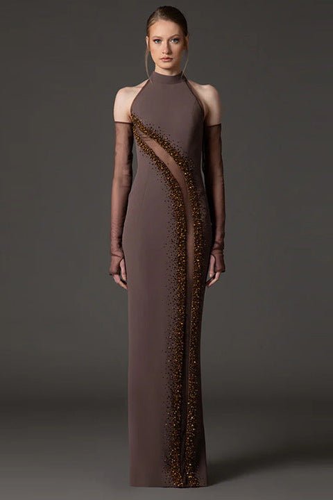 Crystal Beaded Halter Neck Bodycon Maxi Evening DressParty dressesbrownS(6)brownLuxe Lane