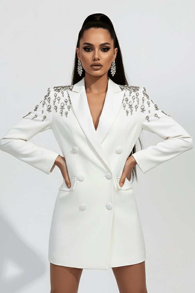 Crystal Blazer Dress by Luxe Lane | from Luxe Lane | SKU:  | Barcode:  | Options: White S | Crystal Blazer Dress