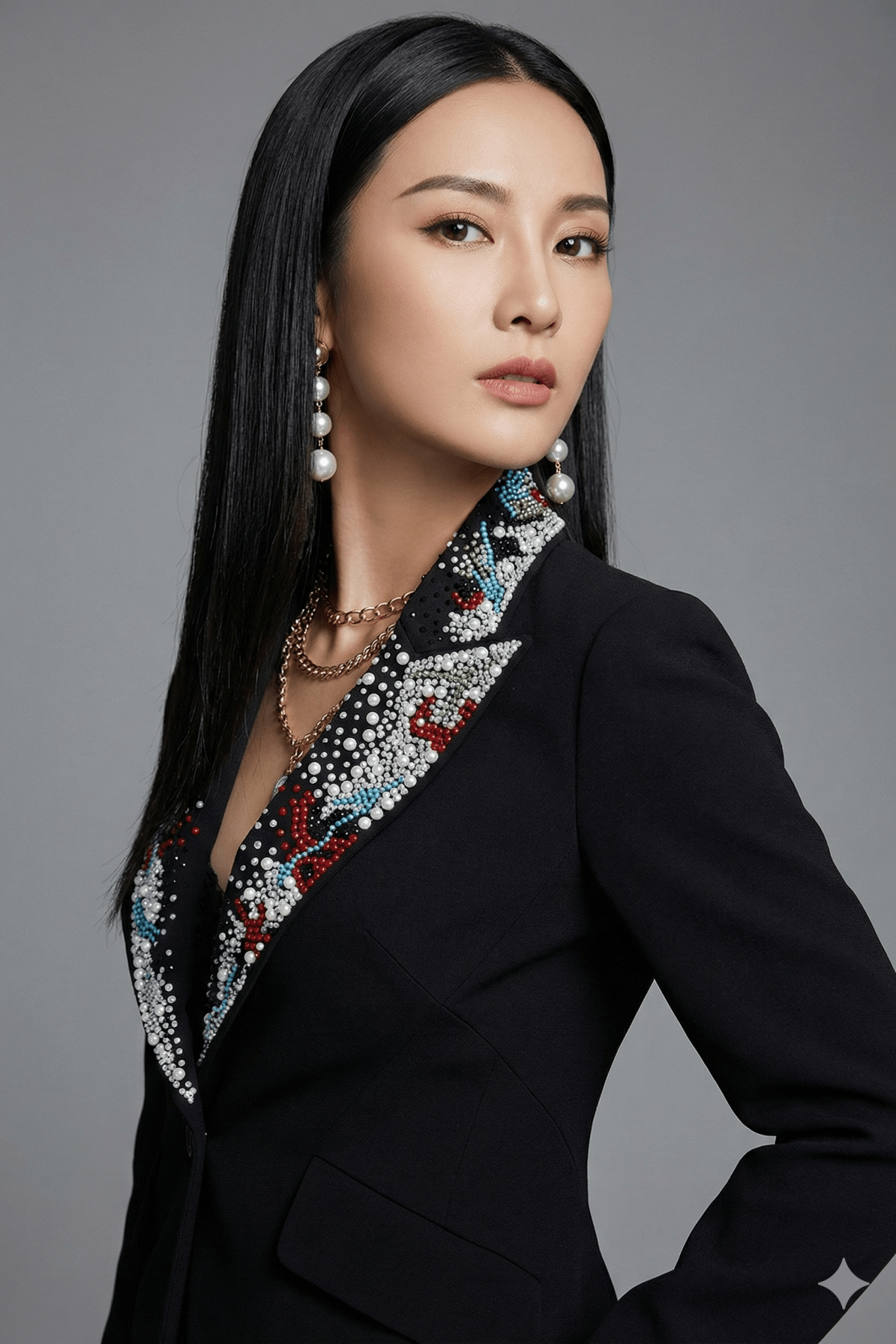 Crystal Lapel Tailored Blazer Jacket by Shine | Blazer from Luxe Lane | SKU: -1 | Barcode:  | Options: Black S(2) | Woman wearing a black blazer with colorful embroidery on a gray background