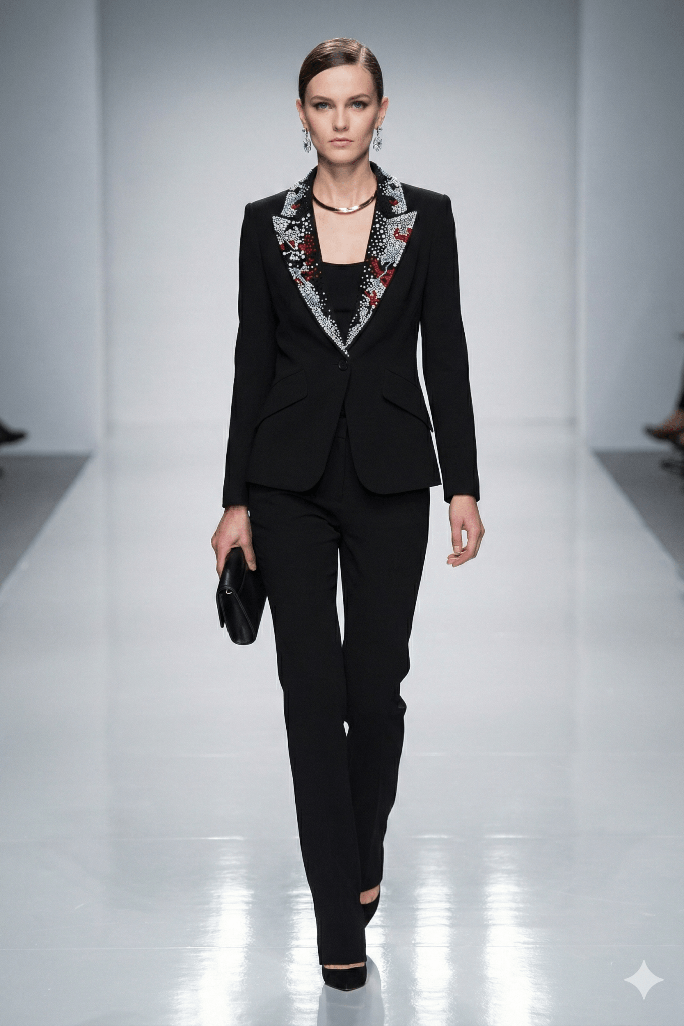 Crystal Lapel Tailored Blazer Jacket by Shine | Blazer from Luxe Lane | SKU: -1 | Barcode:  | Options: Black S(2) | Model wearing a black suit with floral embroidery on a runway