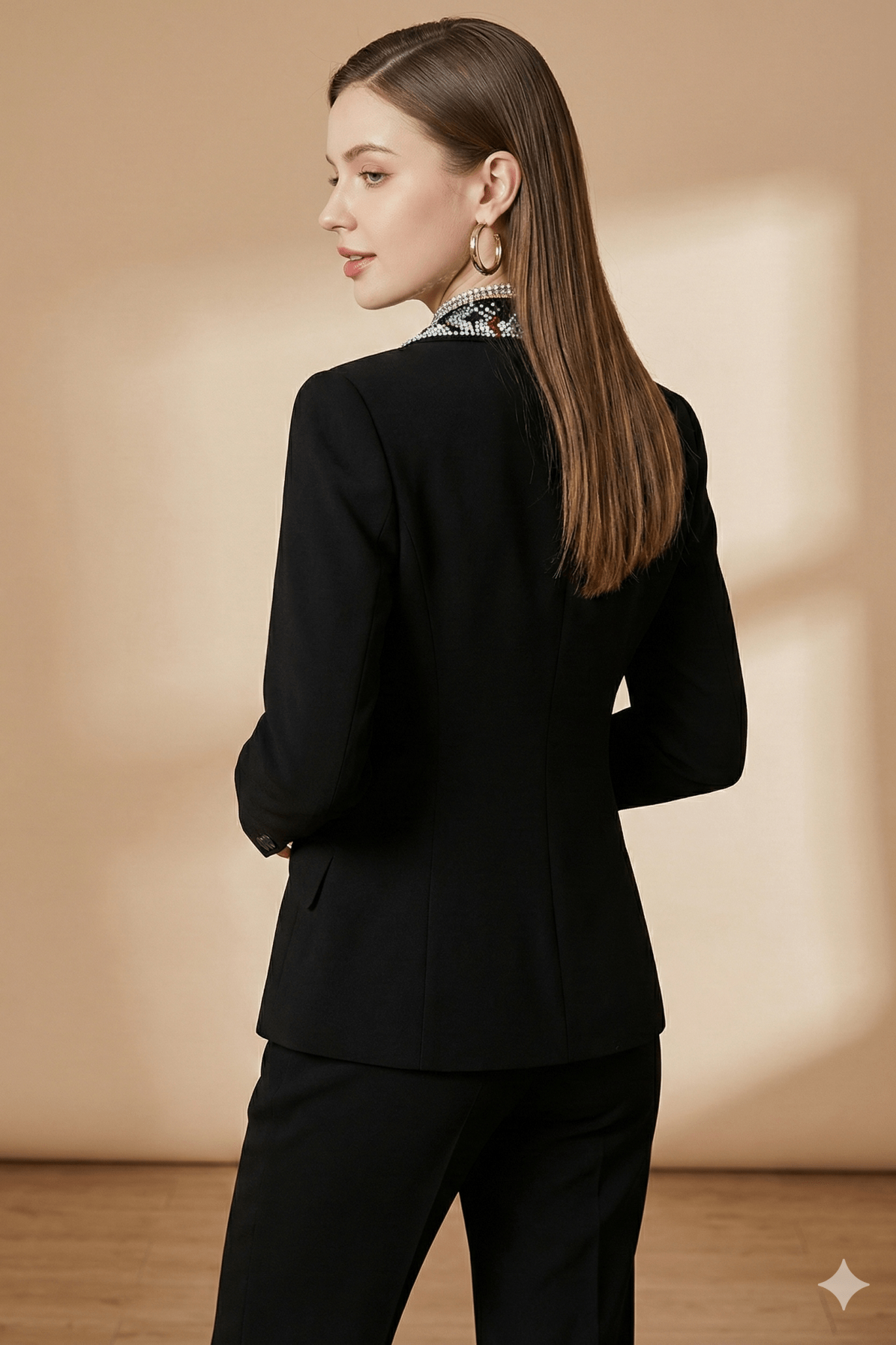 Crystal Lapel Tailored Blazer Jacket by Shine | Blazer from Luxe Lane | SKU: -1 | Barcode:  | Options: Black S(2) | Woman wearing a black suit with a patterned scarf against a beige background