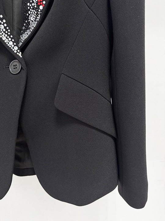 Crystal Lapel Tailored Blazer Jacket by Shine | Blazer from Luxe Lane | SKU: -1 | Barcode:  | Options: Black S(2) | OEM High End Elegant Black Formal Evening Party Business Tailored Designer Outerwear Luxury Crystal Lapel Women Blazer Jacket