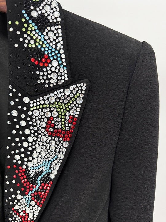 Crystal Lapel Tailored Blazer Jacket by Shine | Blazer from Luxe Lane | SKU: -1 | Barcode:  | Options: Black S(2) | OEM High End Elegant Black Formal Evening Party Business Tailored Designer Outerwear Luxury Crystal Lapel Women Blazer Jacket