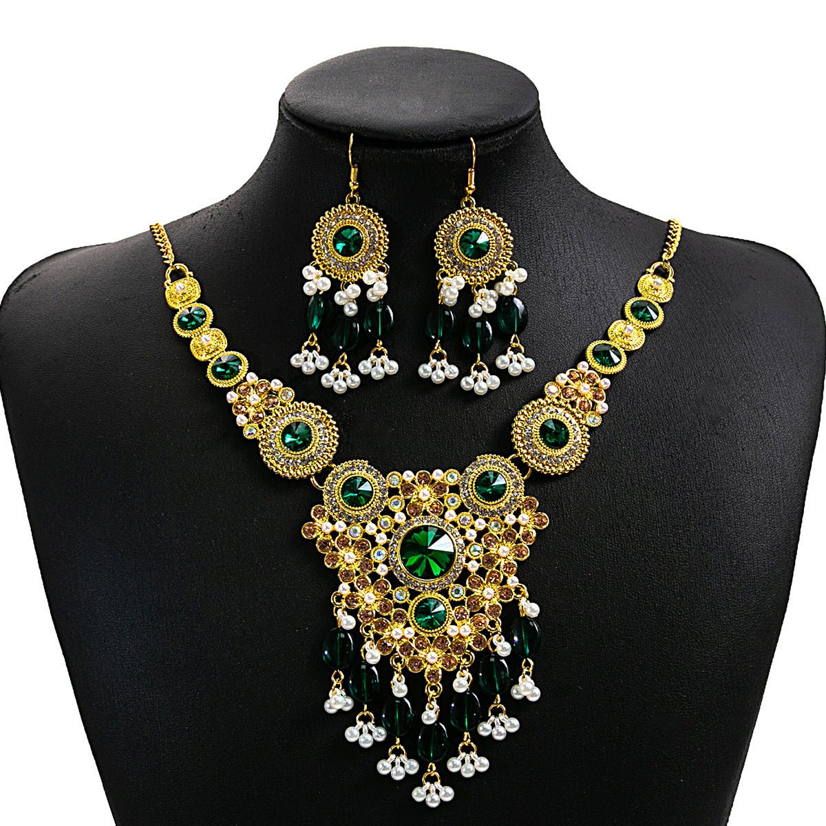 Crystal Necklace & Earrings Set – Luxury Vintage Jewelry by CJ | 0 from Luxe Lane | SKU: CJLX253583303CX | Barcode:  | Options: E5597 Green | Crystal Necklace & Earrings Set – Luxury Vintage Jewelry