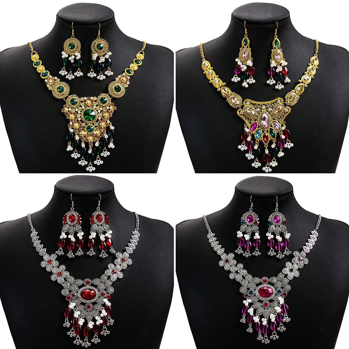Crystal Necklace & Earrings Set – Luxury Vintage Jewelry by CJ | 0 from Luxe Lane | SKU: CJLX253583306FU | Barcode:  | Options: Green | Crystal Necklace & Earrings Set – Luxury Vintage Jewelry