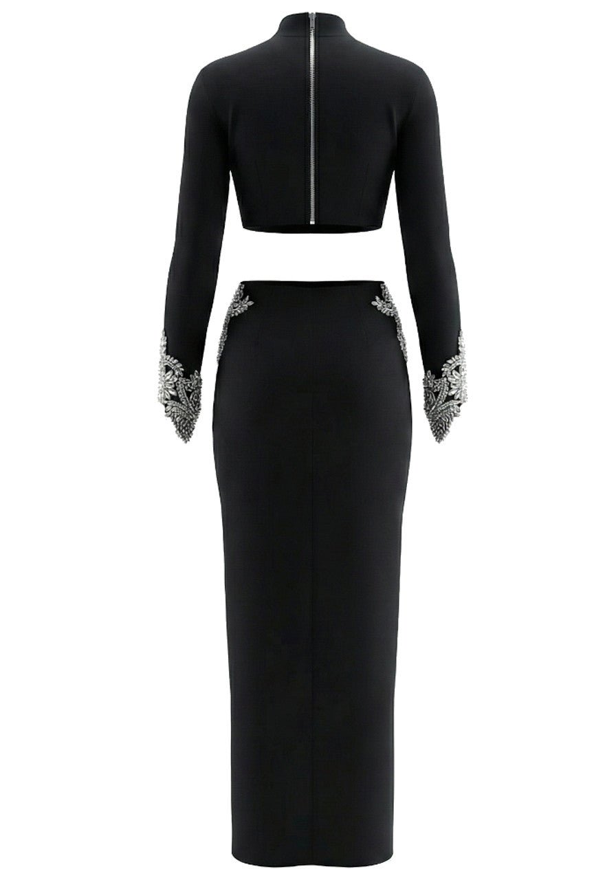 Crystal Pearl Bandage Two - Piece Maxi Skirt Set by Luxe Lane | two piece maxi skirt set from Luxe Lane | SKU: HD10836-1 | Barcode:  | Options: Black S(2) | Crystal Pearl Bandage Two - Piece Maxi Skirt Set