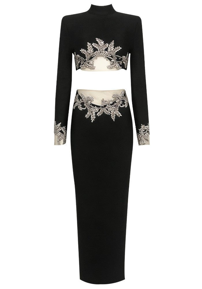 Crystal Pearl Bandage Two - Piece Maxi Skirt Set by Luxe Lane | two piece maxi skirt set from Luxe Lane | SKU: HD10836-1 | Barcode:  | Options: Black S(2) | Crystal Pearl Bandage Two - Piece Maxi Skirt Set