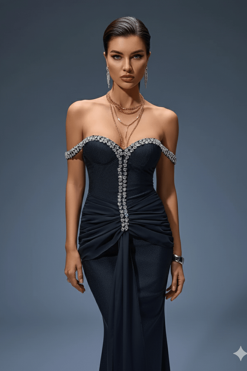 Crystal Strapless Bodycon Maxi Evening Dressheath gownBlackS(6)blackLuxe Lane