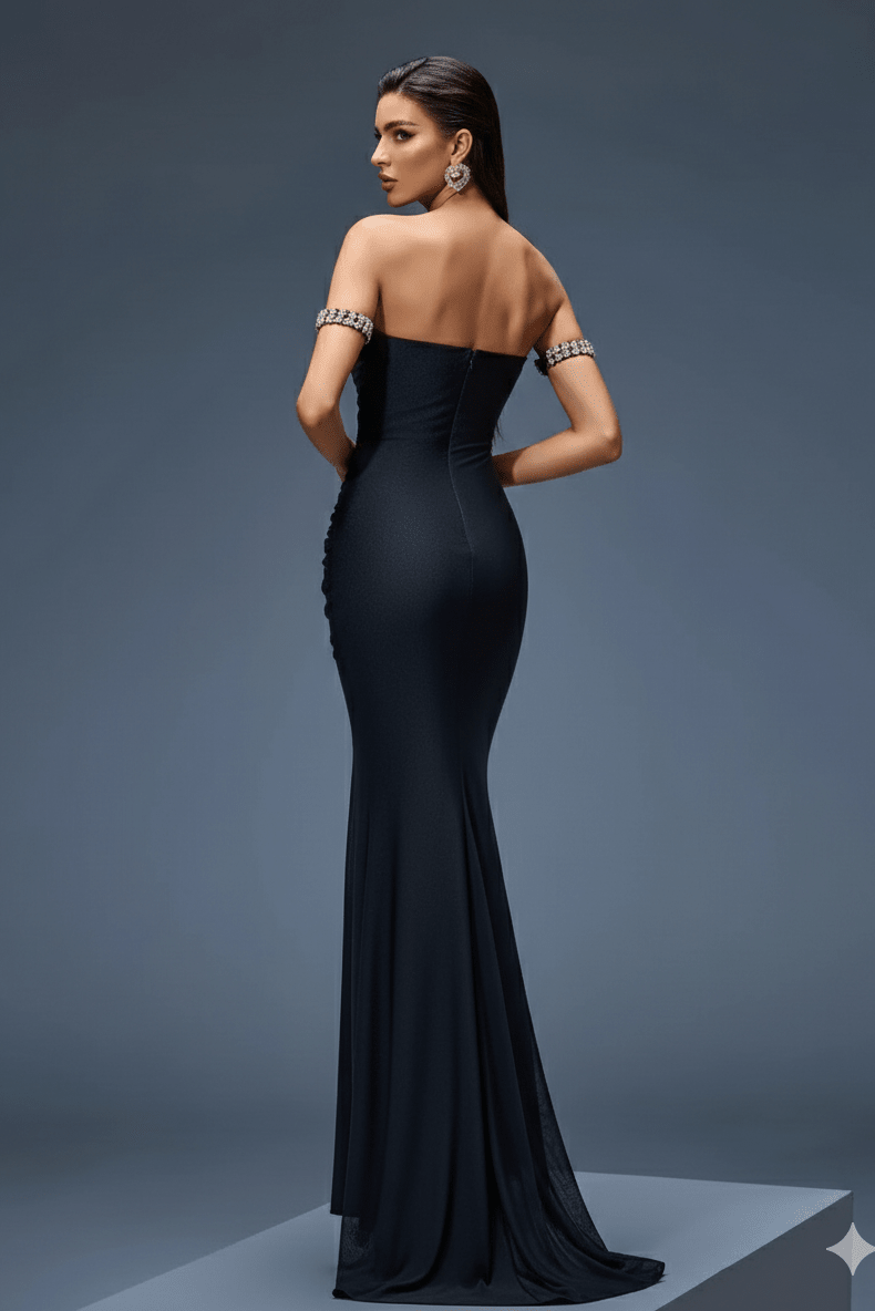 Crystal Strapless Bodycon Maxi Evening Dressheath gownBlackS(6)blackLuxe Lane