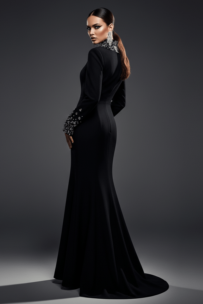Custom Design Black Crystal - Beaded Evening Gown by Luxe Lane | a - line gown from Luxe Lane | SKU:  | Barcode:  | Options: Black S(6) | Custom Design Black Crystal - Beaded Evening Gown