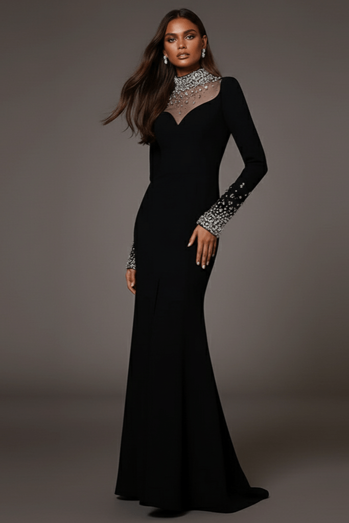 Custom Design Black Crystal - Beaded Evening Gown by Luxe Lane | a - line gown from Luxe Lane | SKU:  | Barcode:  | Options: Black S(6) | Custom Design Black Crystal - Beaded Evening Gown
