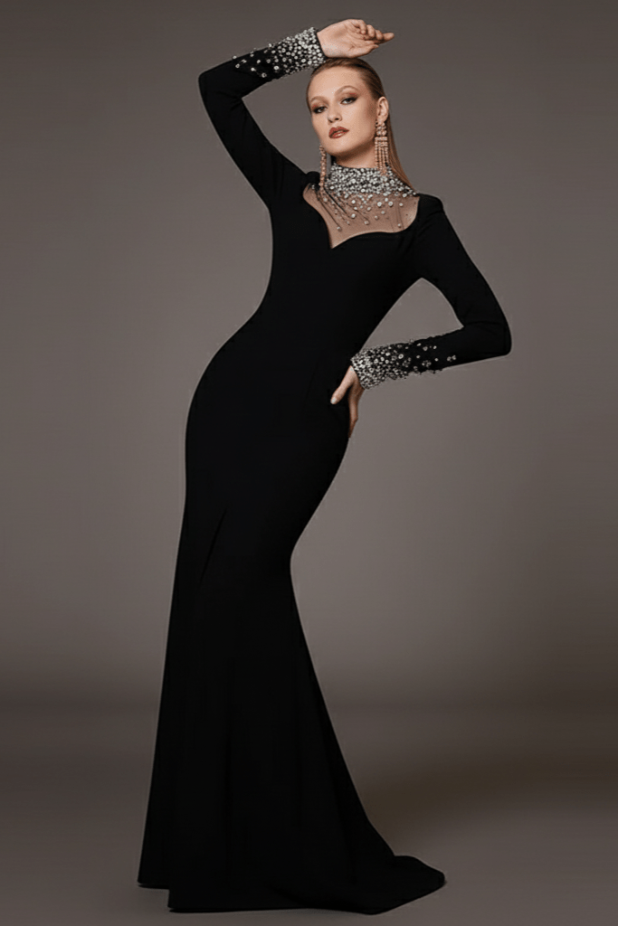 Custom Design Black Crystal - Beaded Evening Gown by Luxe Lane | a - line gown from Luxe Lane | SKU:  | Barcode:  | Options: Black S(6) | Custom Design Black Crystal - Beaded Evening Gown