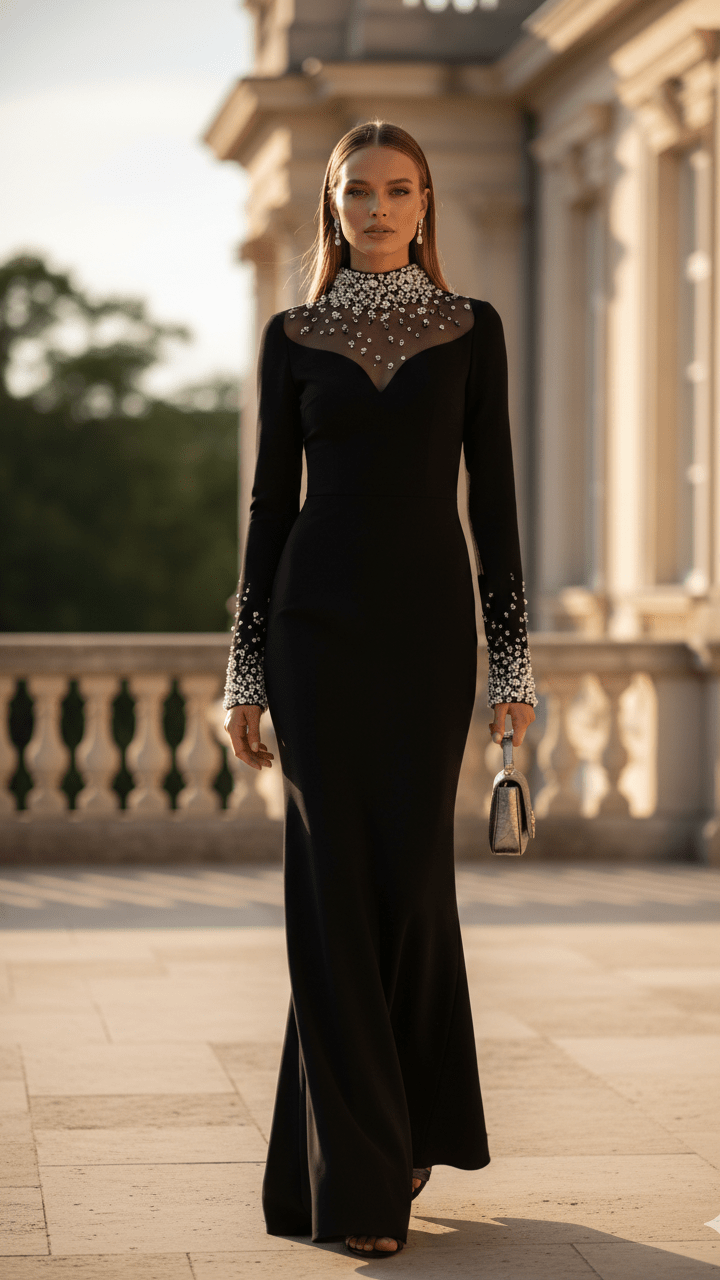 Custom Design Black Crystal - Beaded Evening Gowna - line gownBlackS(6)Luxe Lane