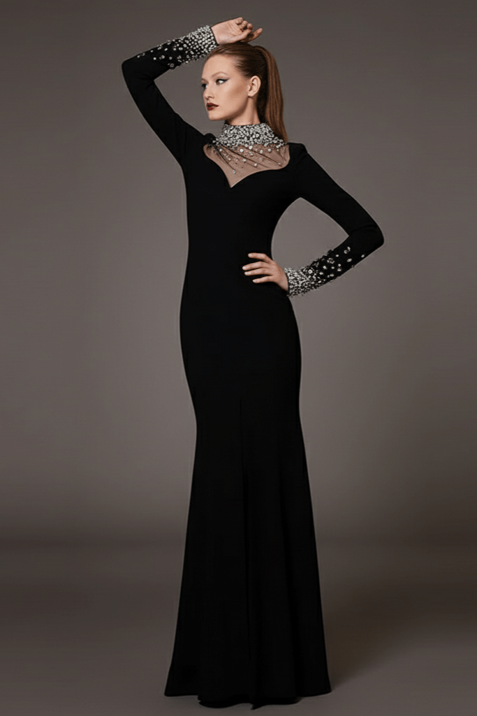 Custom Design Black Crystal - Beaded Evening Gown by Luxe Lane | a - line gown from Luxe Lane | SKU:  | Barcode:  | Options: Black S(6) | Custom Design Black Crystal - Beaded Evening Gown