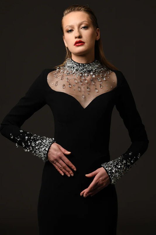 Custom Design Black Crystal - Beaded Evening Gown by Luxe Lane | a - line gown from Luxe Lane | SKU:  | Barcode:  | Options: Black S(6) | Custom Design Black Crystal - Beaded Evening Gown