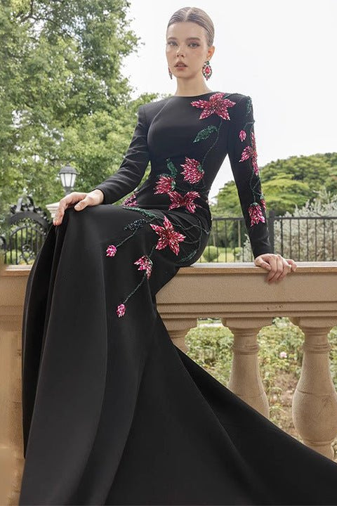 Custom Luxury Party Wear Elegant Formal Evening Gown Black Floral Beaded Embroidery Long Sleeve Mermaid Maxi Dresses With Train by Shine | mermaid gown from Luxe Lane | SKU: -1 | Barcode:  | Options: Black S(2) | Custom Luxury Party Wear Elegant Formal Evening Gown Black Floral Beaded Embroidery Long Sleeve Mermaid Maxi Dresses With Train