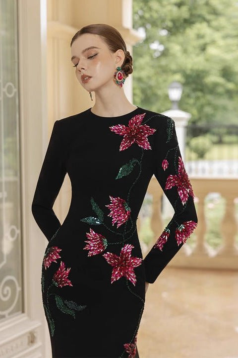 Custom Luxury Party Wear Elegant Formal Evening Gown Black Floral Beaded Embroidery Long Sleeve Mermaid Maxi Dresses With Train by Shine | mermaid gown from Luxe Lane | SKU: -1 | Barcode:  | Options: Black S(2) | Custom Luxury Party Wear Elegant Formal Evening Gown Black Floral Beaded Embroidery Long Sleeve Mermaid Maxi Dresses With Train