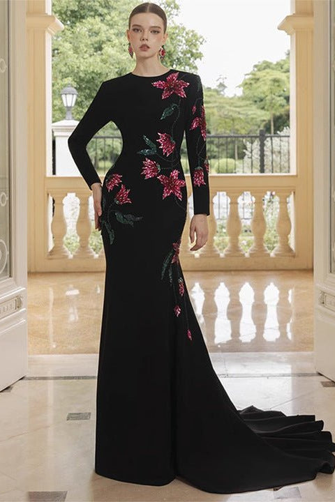 Custom Luxury Party Wear Elegant Formal Evening Gown Black Floral Beaded Embroidery Long Sleeve Mermaid Maxi Dresses With Train by Shine | mermaid gown from Luxe Lane | SKU: -1 | Barcode:  | Options: Black S(2) | Custom Luxury Party Wear Elegant Formal Evening Gown Black Floral Beaded Embroidery Long Sleeve Mermaid Maxi Dresses With Train