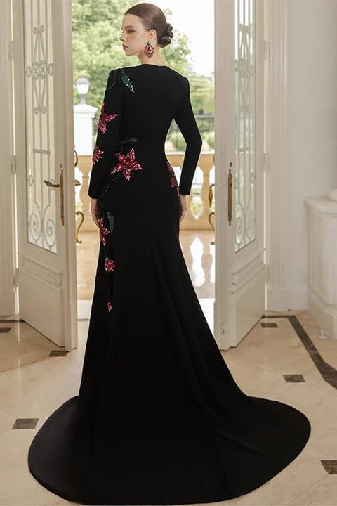 Custom Luxury Party Wear Elegant Formal Evening Gown Black Floral Beaded Embroidery Long Sleeve Mermaid Maxi Dresses With Train by Shine | mermaid gown from Luxe Lane | SKU: -1 | Barcode:  | Options: Black S(2) | Custom Luxury Party Wear Elegant Formal Evening Gown Black Floral Beaded Embroidery Long Sleeve Mermaid Maxi Dresses With Train