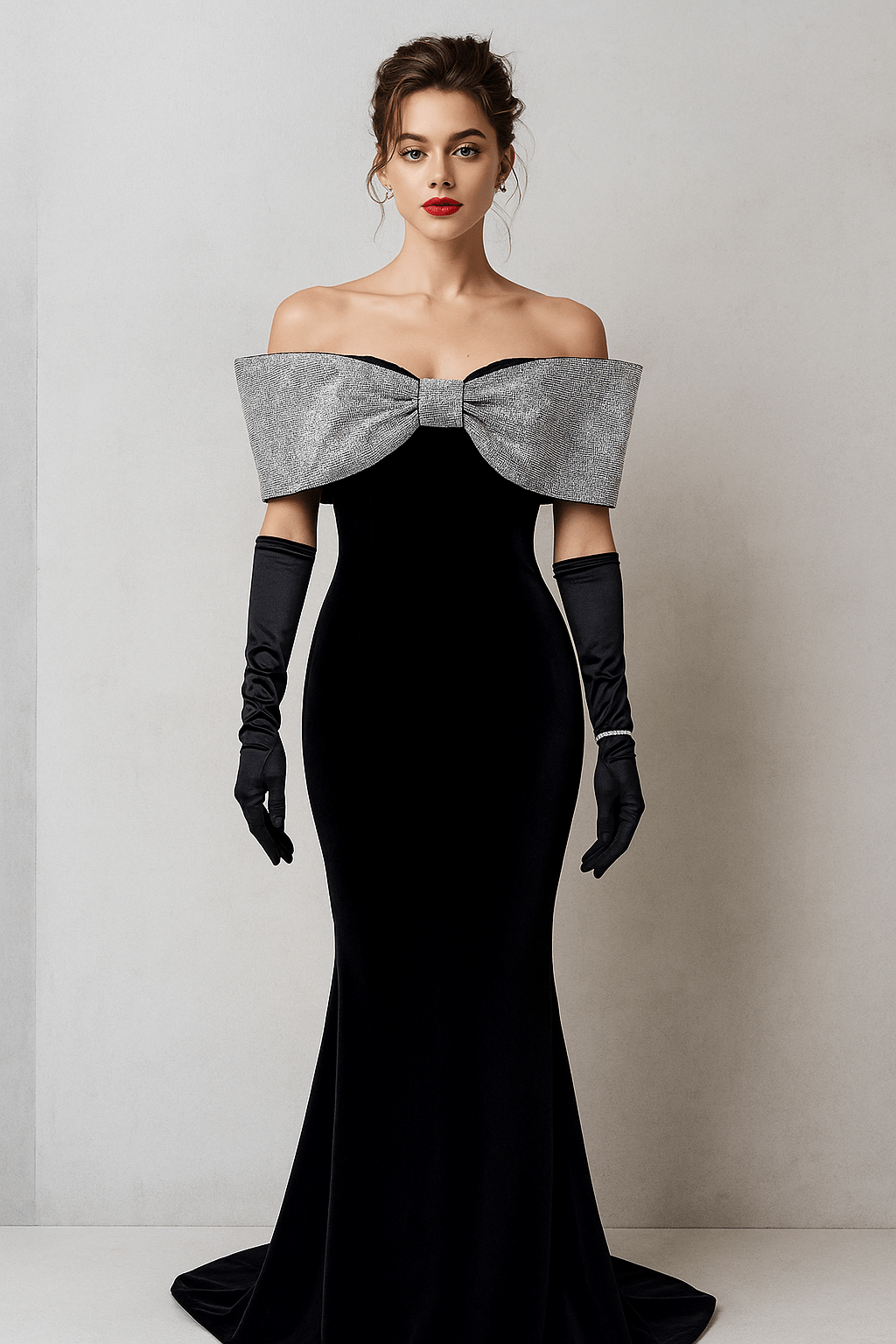 Customized Premium Mermaid Gown by Luxe Lane | from Luxe Lane | SKU:  | Barcode:  | Options: S | Woman wearing a black evening gown with a large bow and black gloves against a plain background