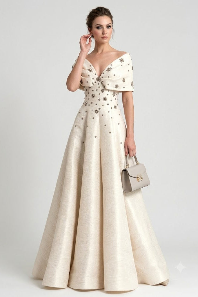 A woman models a floor-length off-the-shoulder gown in warm ivory or cream satin with scattered metallic gold floral embroidery. She is holding a small structured beige handbag against a plain light gray studio background.