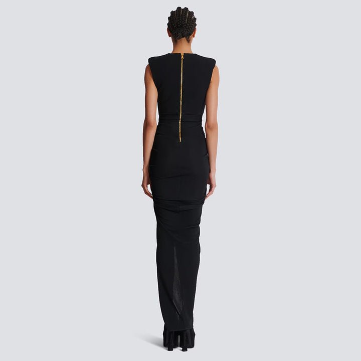 Deep V - Neck Black Slit Dress by Luxe Lane | heath gown from Luxe Lane | SKU:  | Barcode:  | Options: Black XS | Wholesale Women Elegant Black Formal Dress Sleeveless Deep V Neck High Slit Long Evening Dresses Party Outfit with Gold Buttons