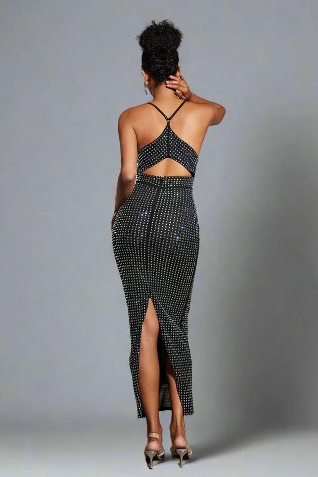 Deep V Rhinestone Cutout Bodycon Maxi Dress by Shine | Party dresses from Luxe Lane | SKU: -1 | Barcode:  | Options: Pink XS(4) | Deep V Rhinestone Cutout Bodycon Maxi Dress