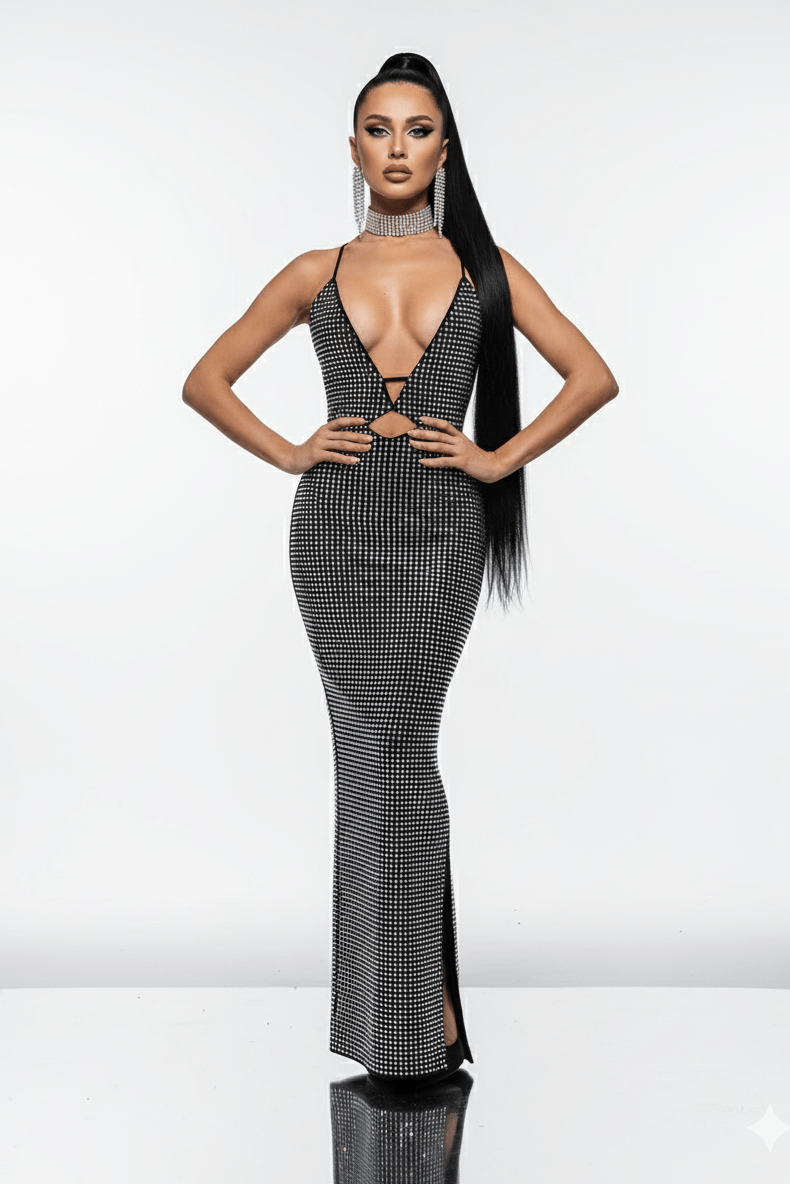 Deep V Rhinestone Cutout Bodycon Maxi Dress by Shine | Party dresses from Luxe Lane | SKU: -1 | Barcode:  | Options: Pink XS(4) | Deep V Rhinestone Cutout Bodycon Maxi Dress