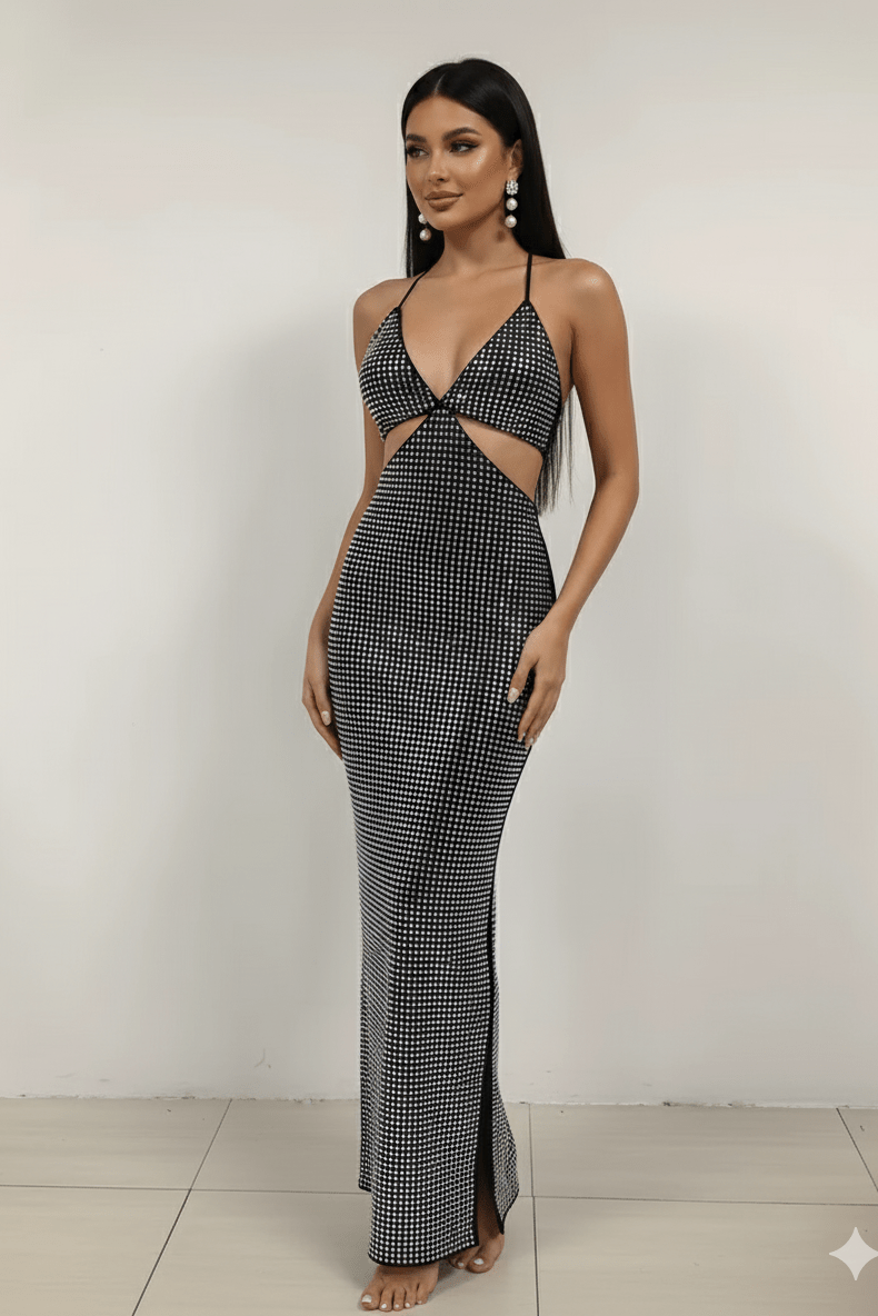 Deep V Rhinestone Cutout Bodycon Maxi Dress by Shine | Party dresses from Luxe Lane | SKU: -1 | Barcode:  | Options: Pink XS(4) | Deep V Rhinestone Cutout Bodycon Maxi Dress