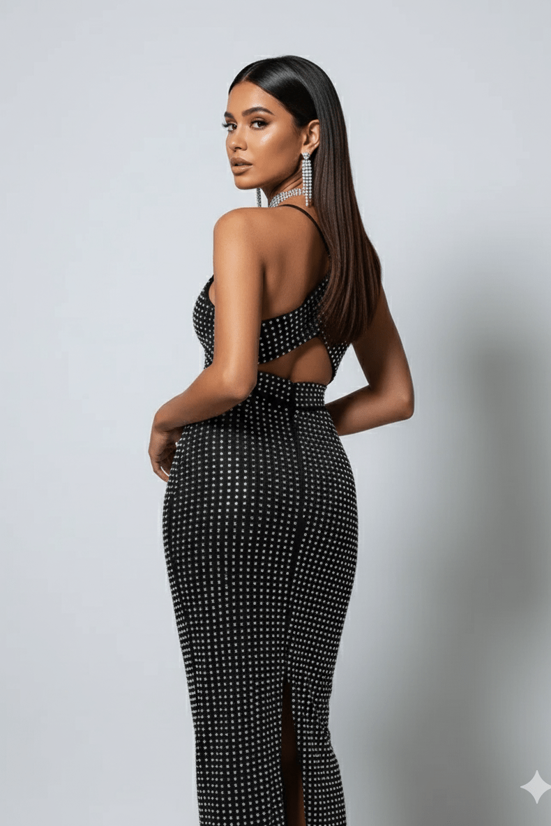 Deep V Rhinestone Cutout Bodycon Maxi Dress by Shine | Party dresses from Luxe Lane | SKU: -1 | Barcode:  | Options: Pink XS(4) | Deep V Rhinestone Cutout Bodycon Maxi Dress