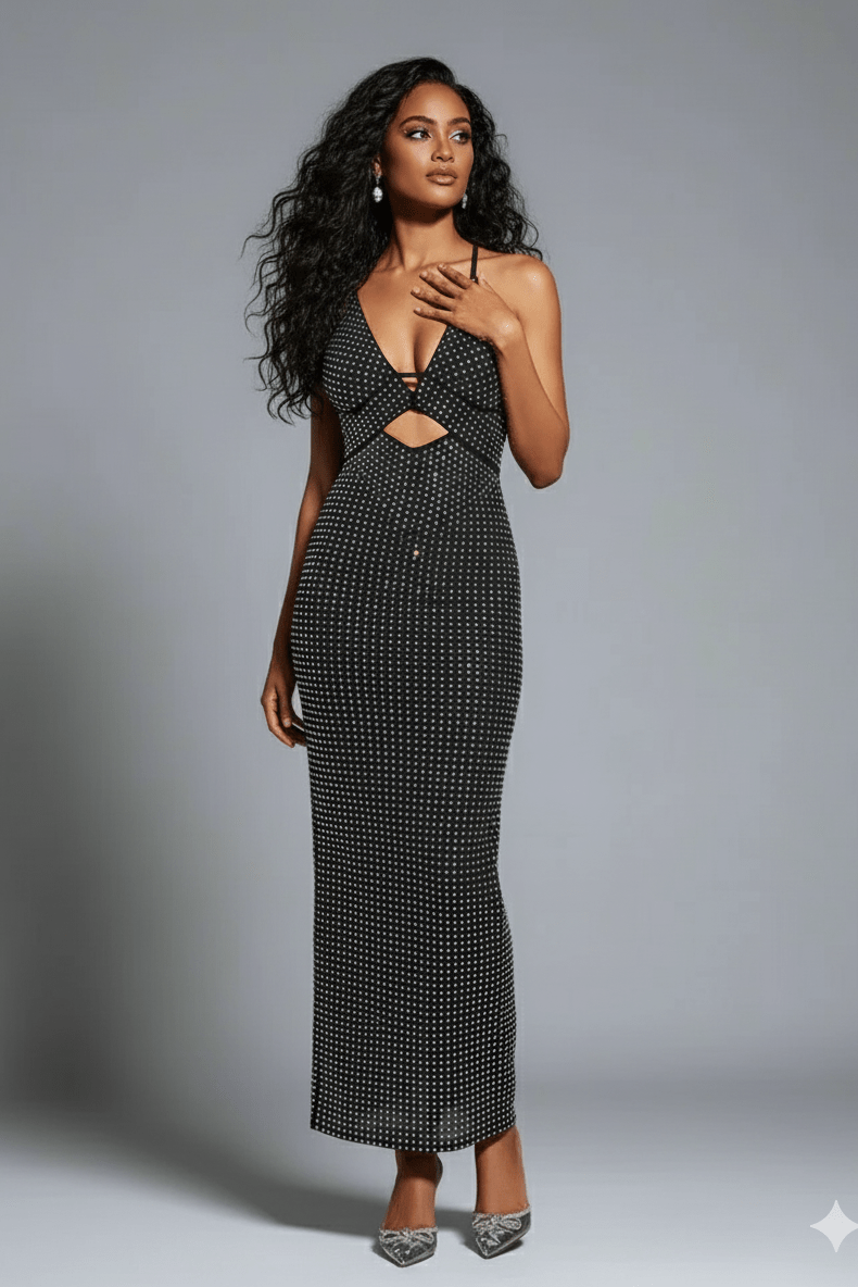 Deep V Rhinestone Cutout Bodycon Maxi Dress by Shine | Party dresses from Luxe Lane | SKU: -5 | Barcode:  | Options: Black XS(4) | Deep V Rhinestone Cutout Bodycon Maxi Dress