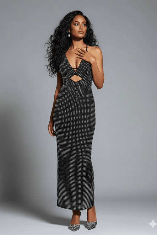 cutout bodycon maxi dress Deep V Rhinestone Cutout Bodycon Maxi Dress